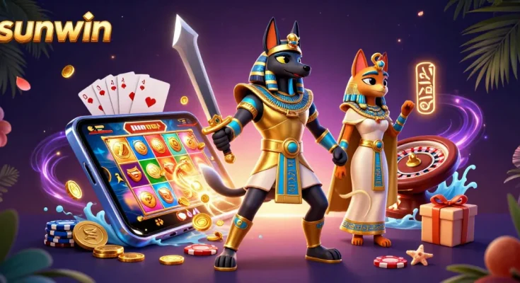 Win big at sunwin with a vibrant 3D scene featuring Anubis, Bastet, and dynamic casino elements.