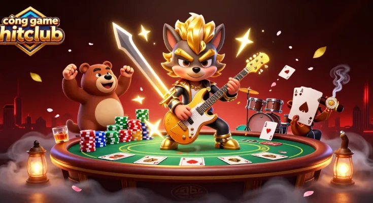 Experience the thrill of cổng game hitclub with a lively scene featuring a rock star wolf and drummer bear.