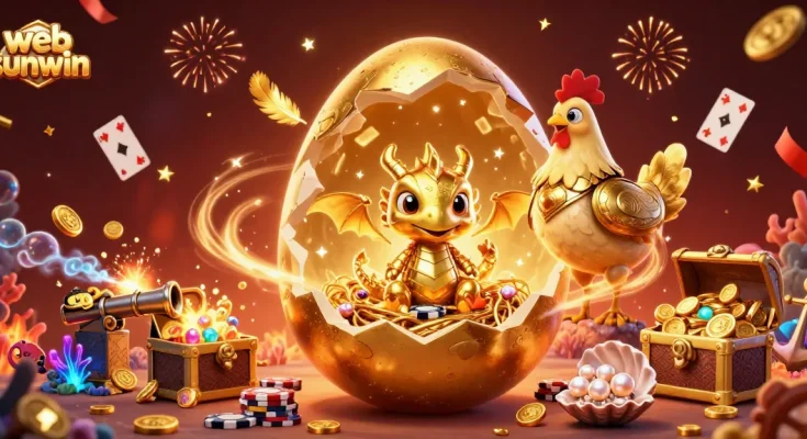 Experience the thrill of gaming with web sunwin’s magical baby dragon guarding poker chips amidst gold treasures.