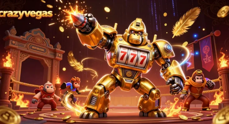 Spin the reels at crazyvegas with a golden mech gorilla winning jackpots!